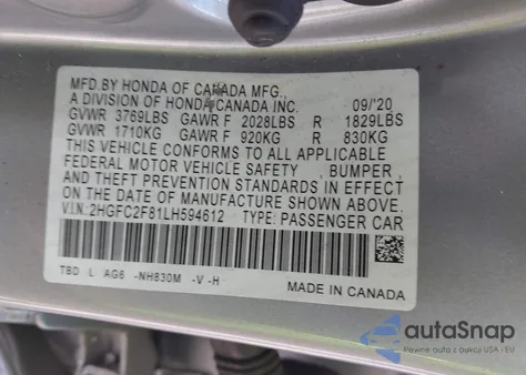 2020 Honda Civic Sport z USA, uszkodzony, nr VIN 2HGFC2F81LH594612